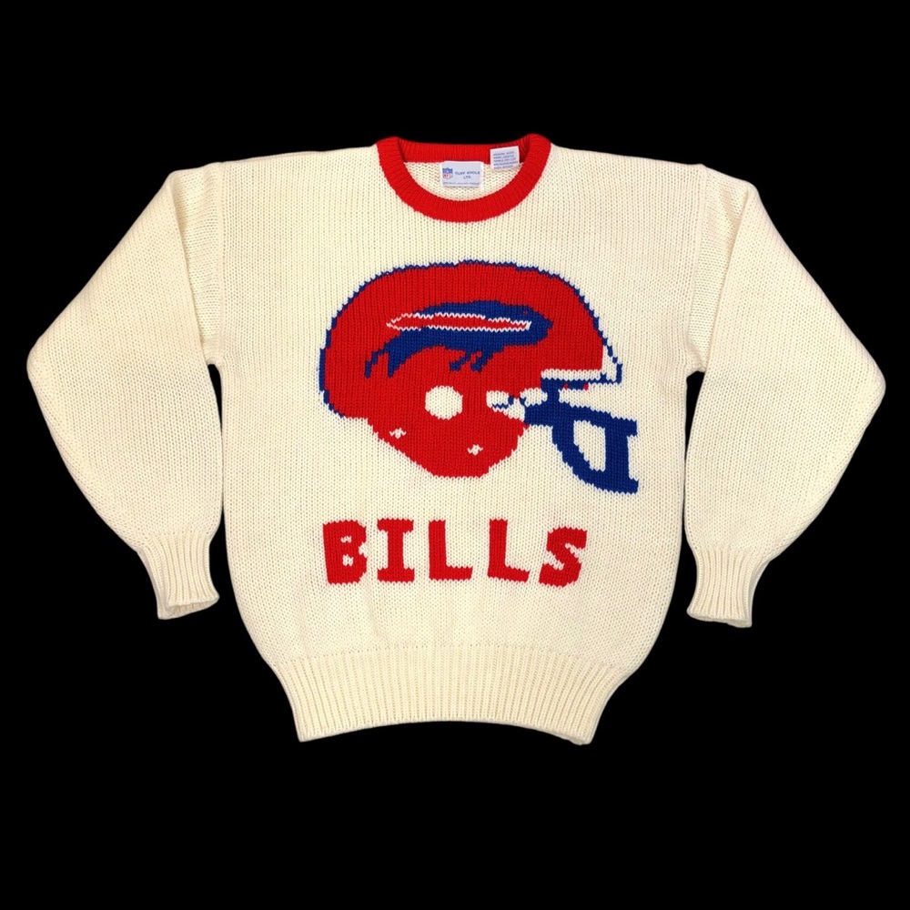 Vintage Buffalo Bills Cliff Engle Knit Sweater NFL Adult Size Medium Cream White
